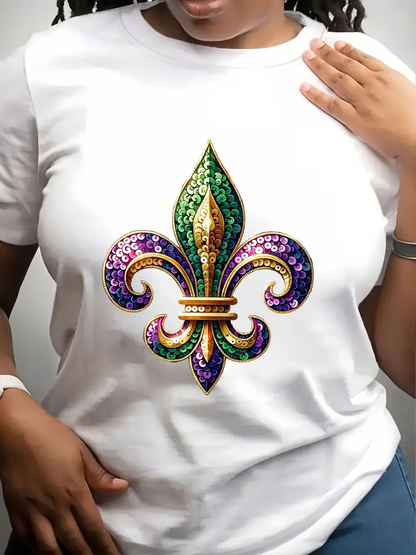 Women's Trendy Crew Neck T-Shirt Colorful Sequin Fleur De Lis Suitable for Casual Sportswear