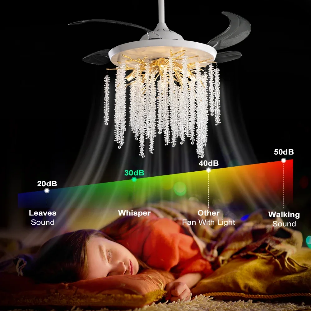 

Invisible Ceiling Chandelier with Fan Remote Control Pendant Fan Light for Bedroom Living Room Kitchen Dining Room Crystal Lamp