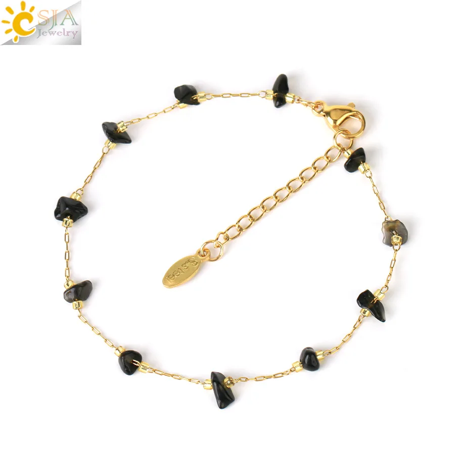 CSJA Reiki Chip Bead Bracelets Gold Color Stainless Steel Chain Natural Stone Pink Quartz Bracelet for Women Jewelry G925