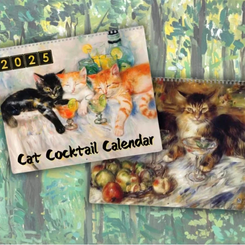 

Decorative Wall Calendar 2025 Cat Cocktails Pattern Desk Calendar Decorative Animal Calendar For Table Ornament