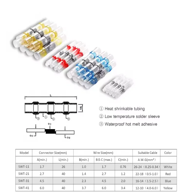 100/200PCS Heat Shrink Connectors Sleeve Tube Terminals Electrical Butt Splice Wire Connector Splice Solder Insulated Cable