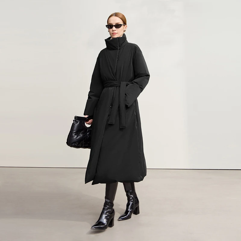 Amii Down Coats 2025 Winter New Solid Color Loose Long Women's Outerwear With Belt High Neck Thicken Warm Down Jacket 12544184