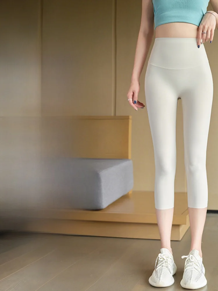 ارتفاع الخصر الحرير الجليد تابوت الجلد اليوغا السراويل رقيقة الصيف رعب البطن التحكم سبعة أرباع طول صغير الحجم البحر الأزرق