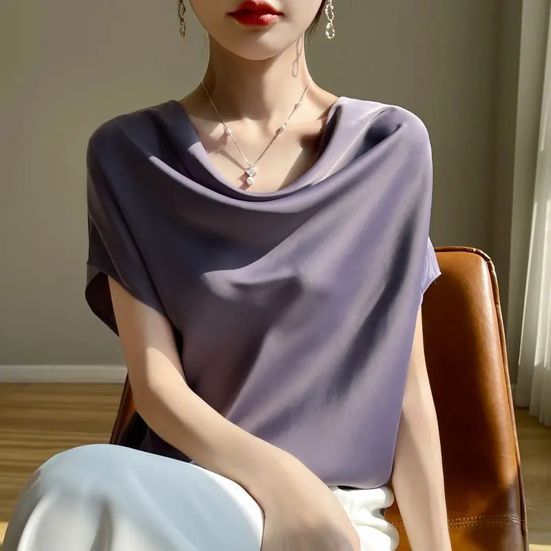 夏シックな女性の Tシャツスイングカラールーズブラウスアイスシルクサテン半袖ベーシックトップス Y2k Tシャツ白 Tシャツ女性のための