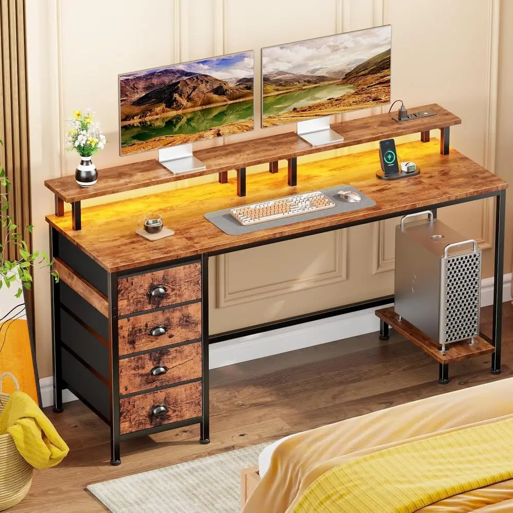 Escritorio para juegos marrón rústico 55 con 4 cajones, tomas de corriente, luces LED y soporte para monitor para oficina en casa compacta