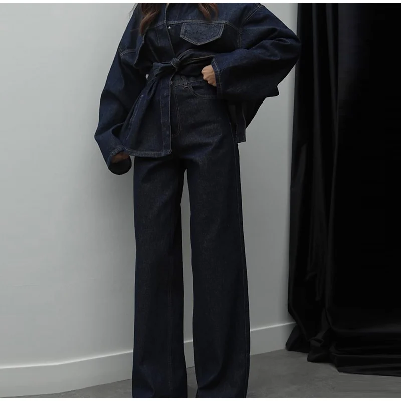 Zweiteiliges Vintage-Jeans-Set für Damen, einreihig, Reversgürtel, Jacke, passende Jeans mit hoher Taille und geradem Bein, lässiges tägliches Outfit – Detail 19