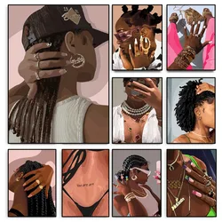 Hip Hop Black Girl Gold Jewelry Poster Print Beautiful Woman Hair Canvas Painting Afro Wall Art for Club Living Room Home Decor