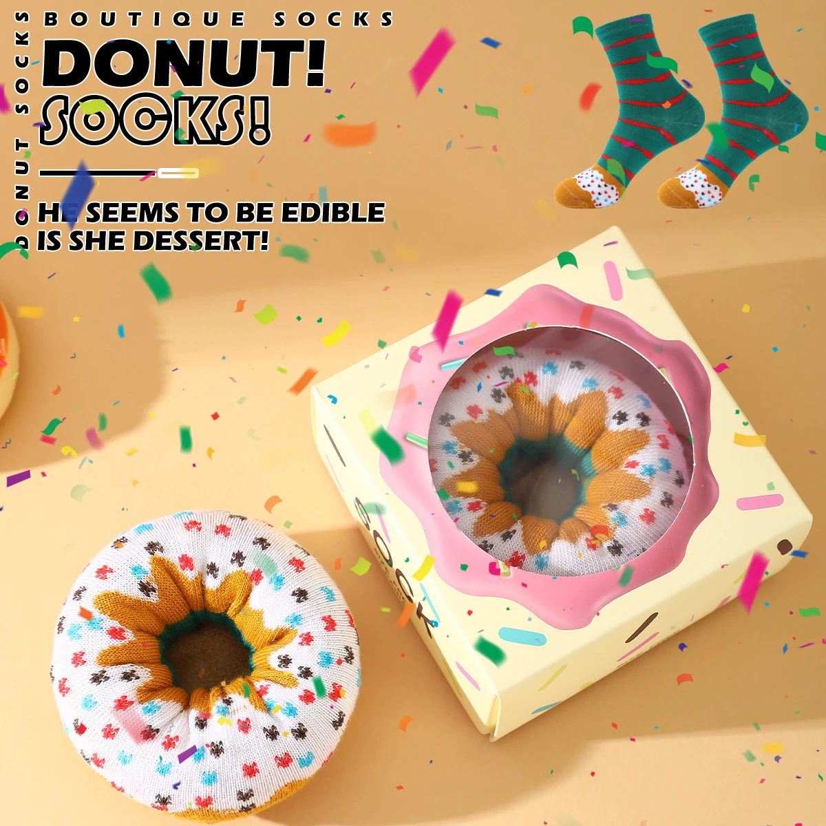 

1 pair of mid-calf unisex socks in a sweet doughnut shape, a novel and creative fun gift.