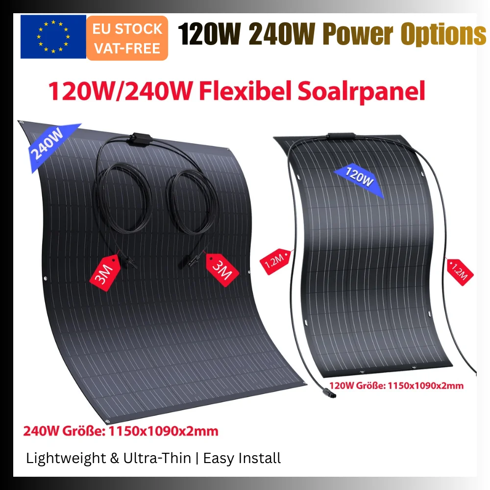 2 × 120 W / 2 × 240 W flexibles Solarpanel-Set |   ETF Mono PV-Modul |   600-V-System |   IP67 wasserdicht |   CE ROHS