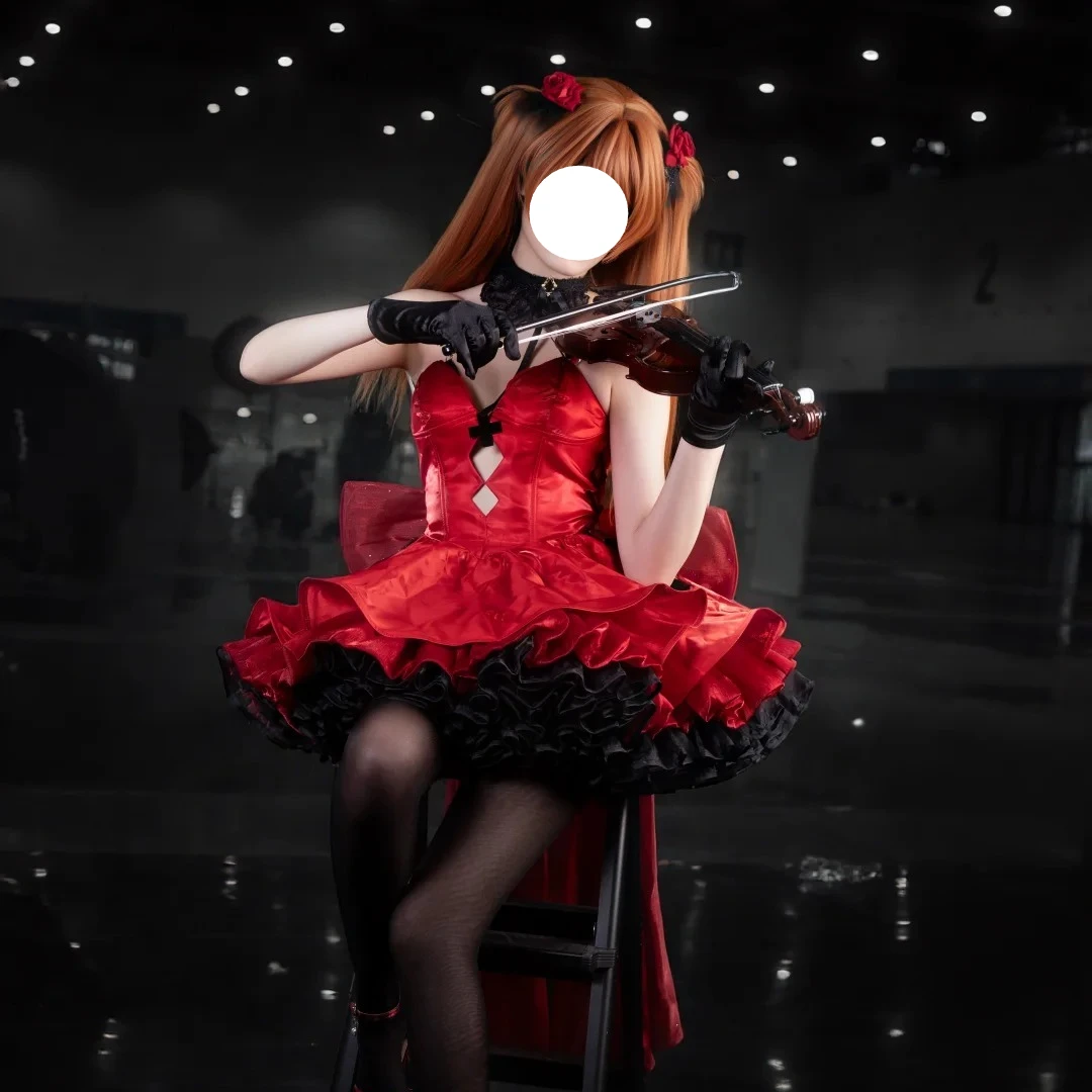 Goddess of Victory: NIKKE X Asuka Red Unifrom Cosplay Costume Formal Gown with Big Bow Lace Choker and Wig for Halloween Party view 4