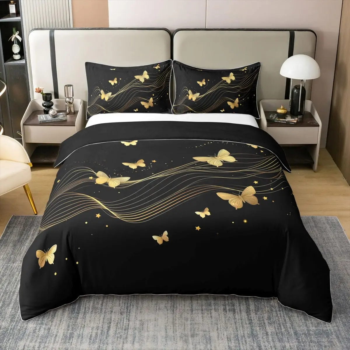 Golden Butterfly Print Duvet Cover Full King Size Wild Animal Comforter Cover Farmhouse Rustic Bedding Set for Boys Girls Women