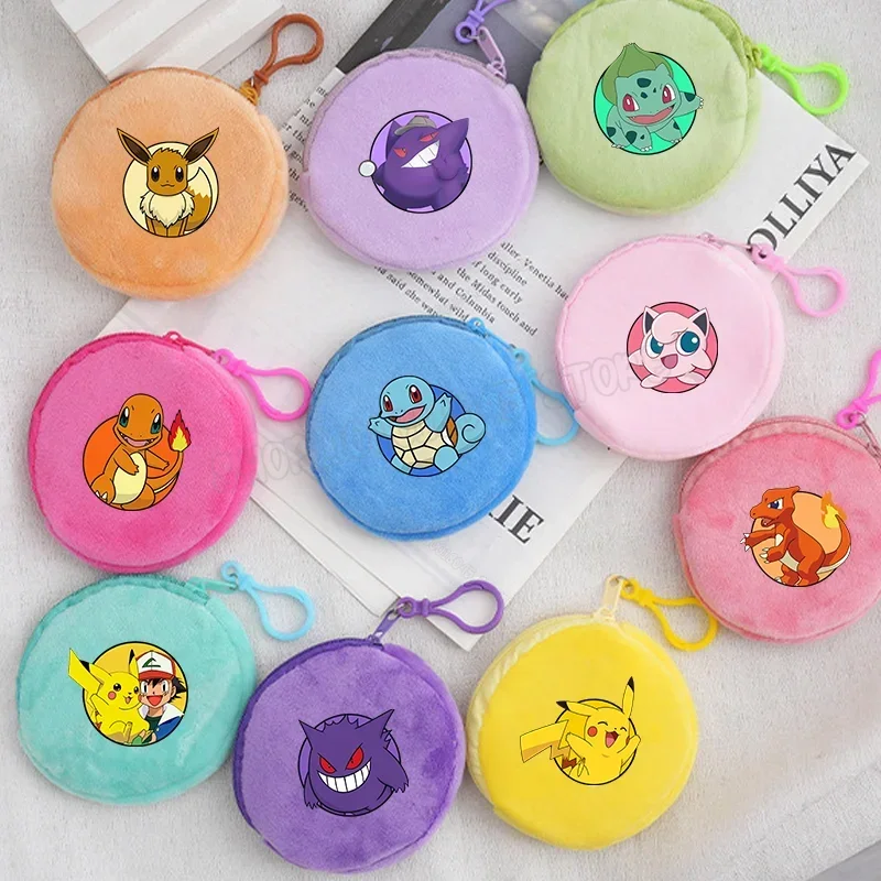 Pokemon Kids Plush Coin Purse Pikachu Charmander Round Mini Wallet Ganger Squirtle Zipper Purse Charizard Boys Girls Money Bags