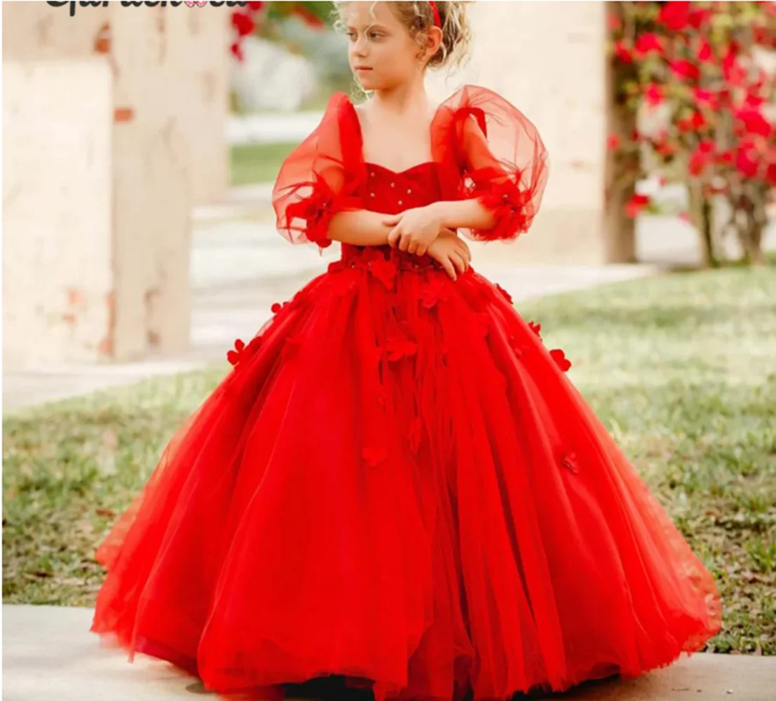 Puffy Lace Baby Girl Party Dress Kids Layers Flower Girl Dresses Hi-Low Princess Dress Cute First Communion Gowns