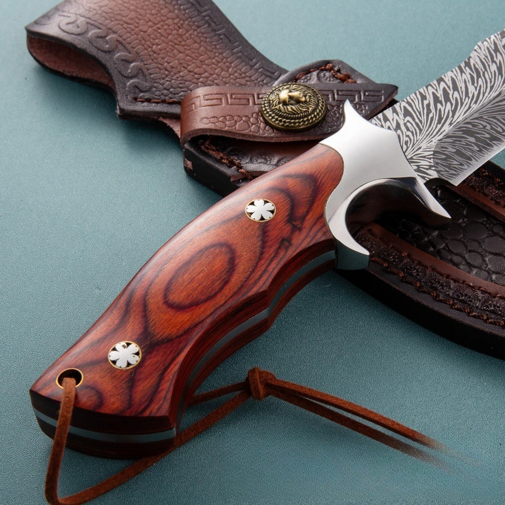 Damascus hunting knives， Fixed blade wooden handle hunting knife， damascus steel Camping knives Comes with a holster view 4
