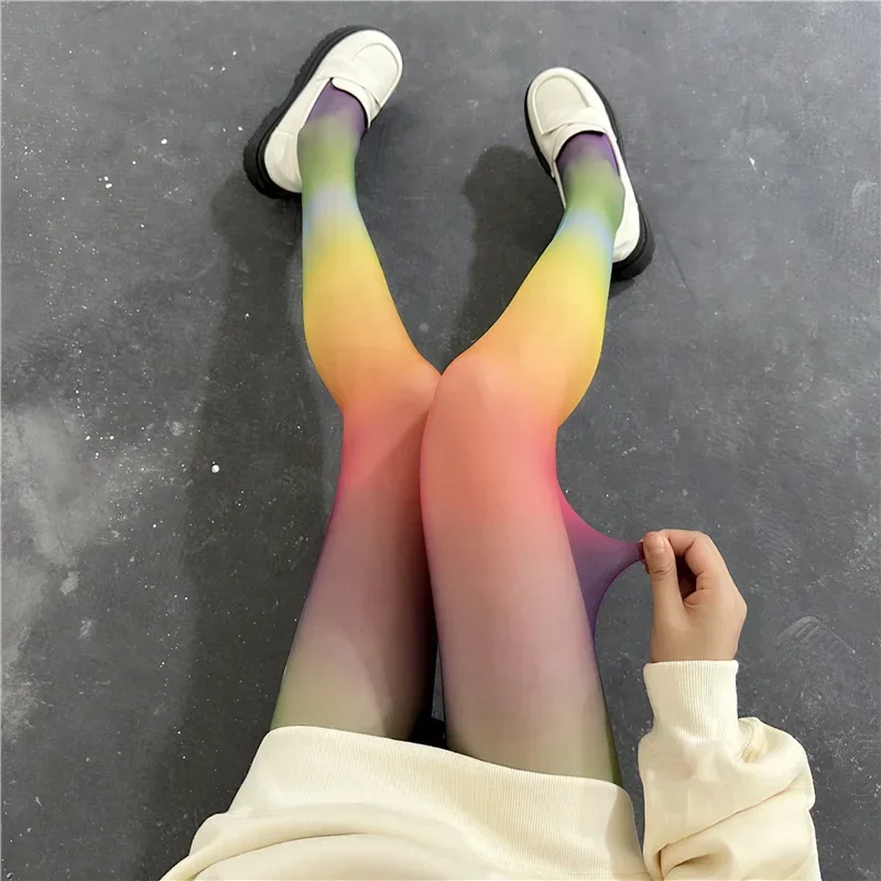 Rainbow Color Block Pantyhose High Waist Elastic Slim Footed Pantyhose Women's Stockings Hosiery Party Gift Mallas Mujer