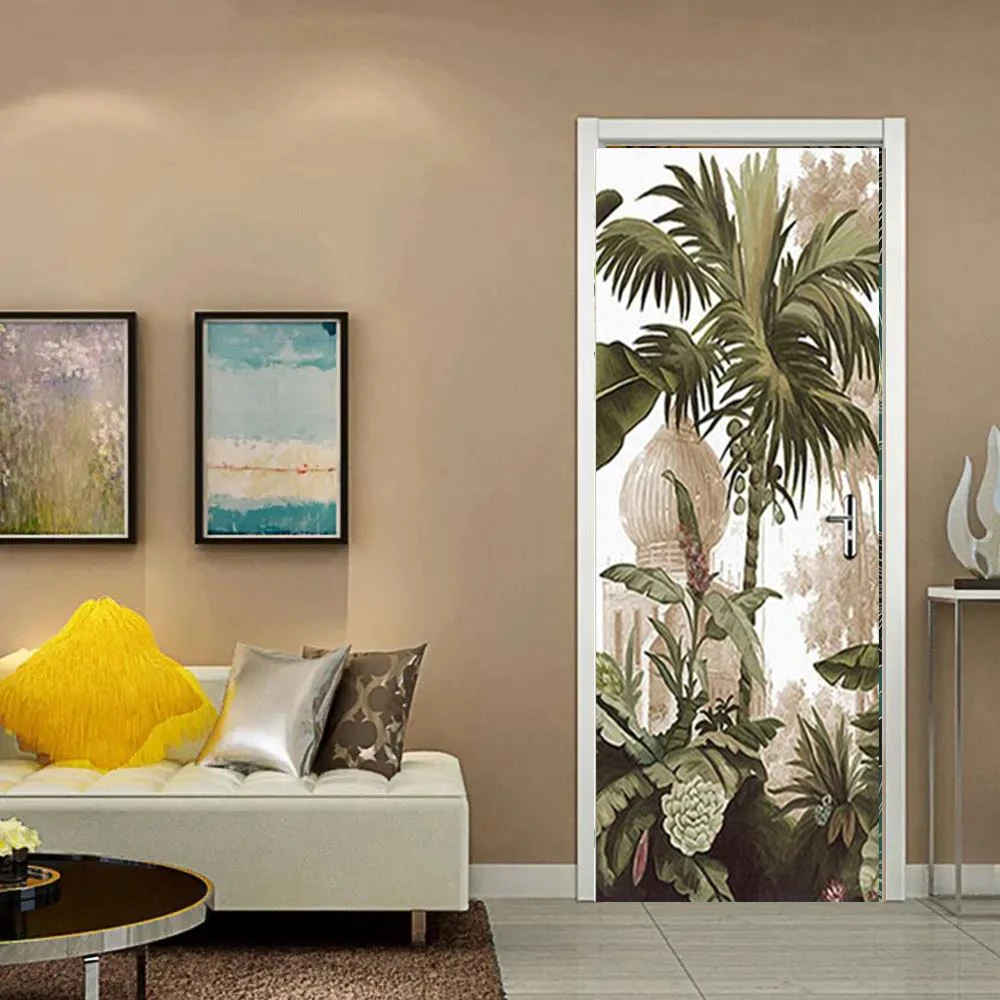 Palm plants 3D door wallpaper stickers vinyl mandala relief flower door mural covers living room home decor