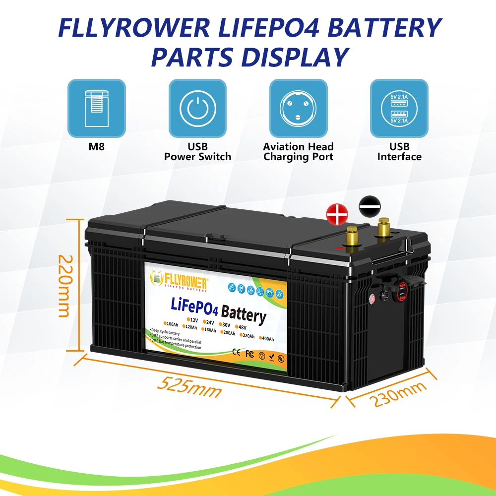 FLLYROWER EU/US Stock 24V 40Ah 60Ah 100Ah 120Ah 200Ah Lifepo4 Battery With BMS Lithium Iron Phosphate Energy Storage Battery