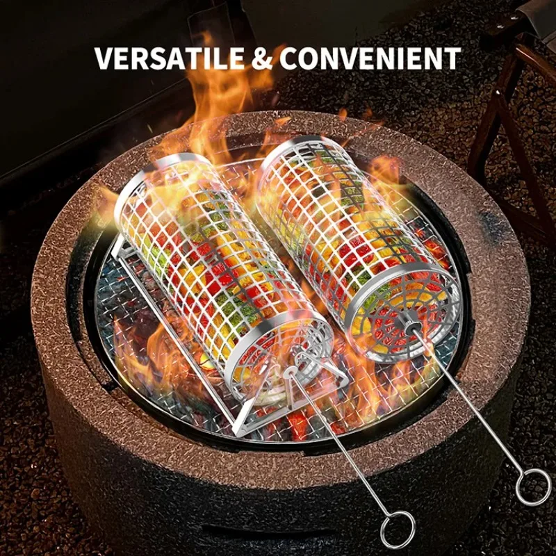 Round BBQ Grill Basket - Portable Smoking Cage & Rotating Grill Net for Outdoor Cooking