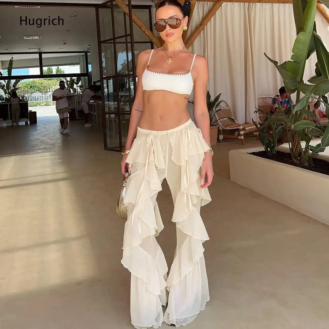 Women Ruffled Chiffon Flare Pants Drawstring Waist Lightweight Beach for Vacation and Casual Summer Wear