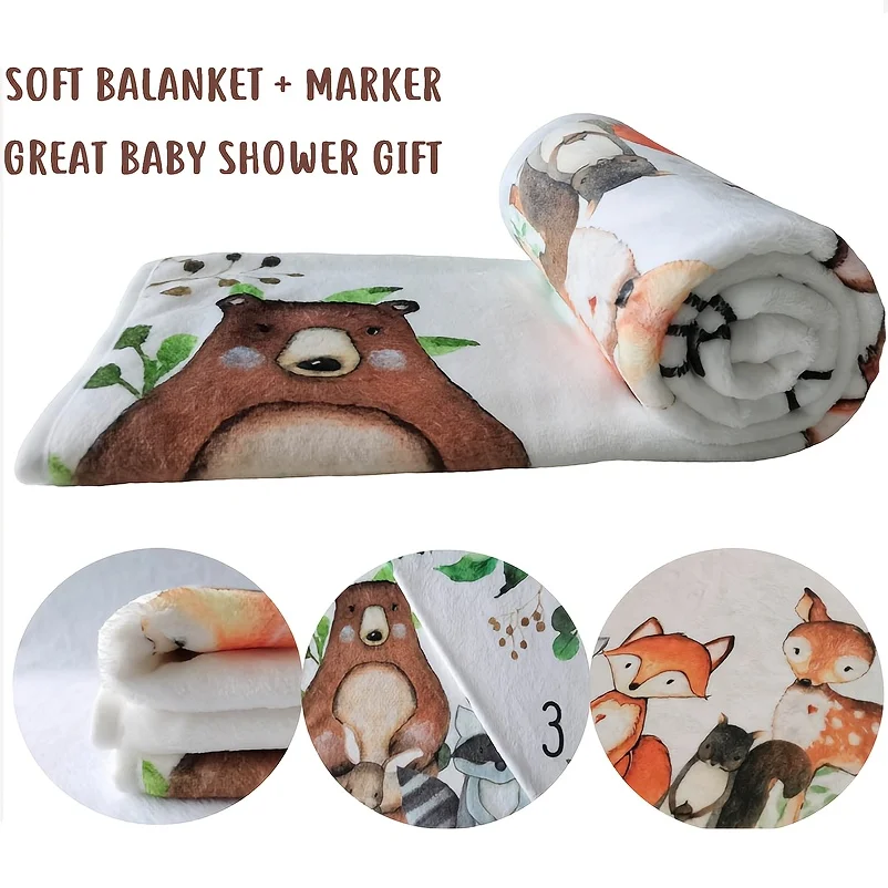 VIKAMA Kocyk do sesji zdjęciowych niemowląt z motywem zwierząt z kreskówek, do sesji na pełnię księżyca, chrztu, pamiątkowy, do oznaczania etapów wzrostu, kalendarz wzrostu