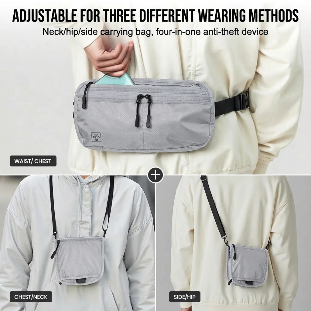 Premium RFID Blocking Travel Waist Pouch, Multi-Wear Anti-Theft Bag Durable Ripstop Fabric Waterproof Zippers