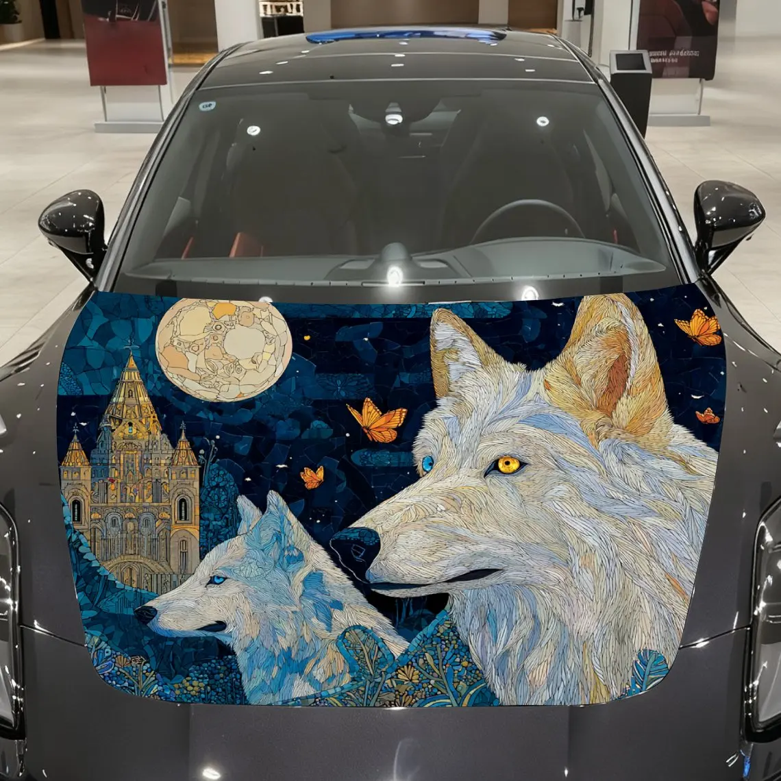 

Under The Moon Wolf Car Hood Vinyl Wraps Sticker, PVC Waterproof Car Bonnet Decals, Self-Adhesive Scratch-Resistant Stickers For