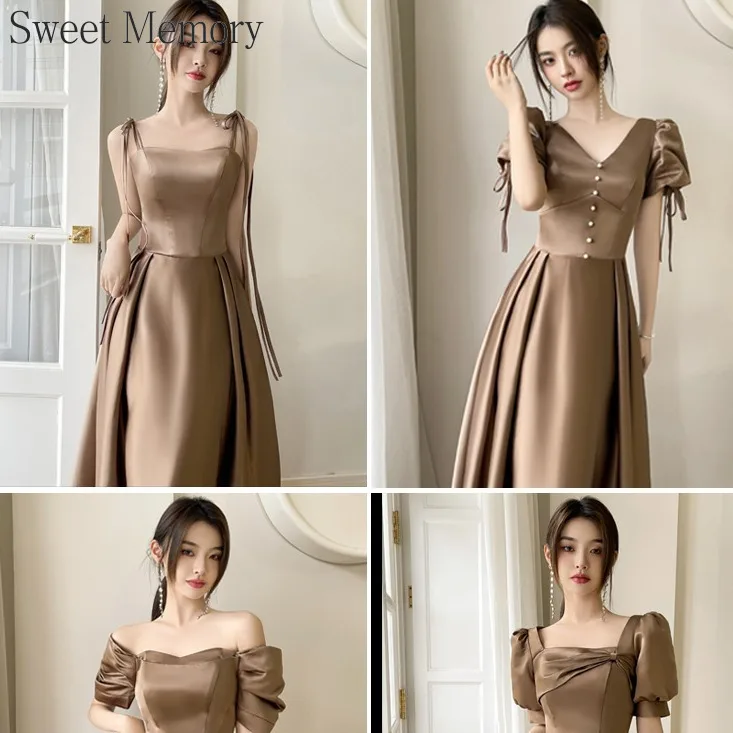 Custom Made A103 Sweet Memory Dark Coffee Color Satin Bridesmaid Dresses For Bride Guest Dress With Corset and Zipper Back