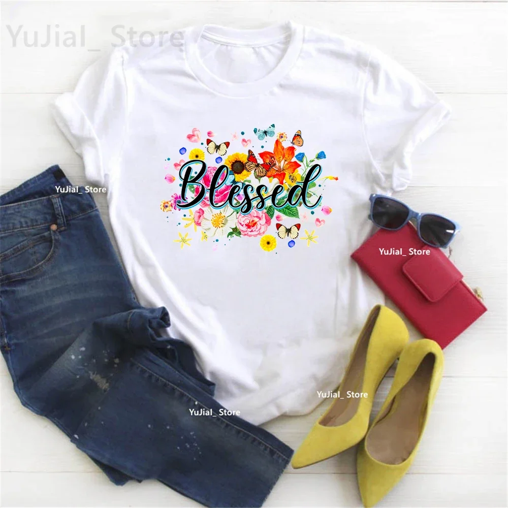 New Blessed Butterfly Graphic Print T Shirt Girls Peace Be With You Pray Tshirt Women'S Clothing Harajuku Shirt Summer Tops Tee