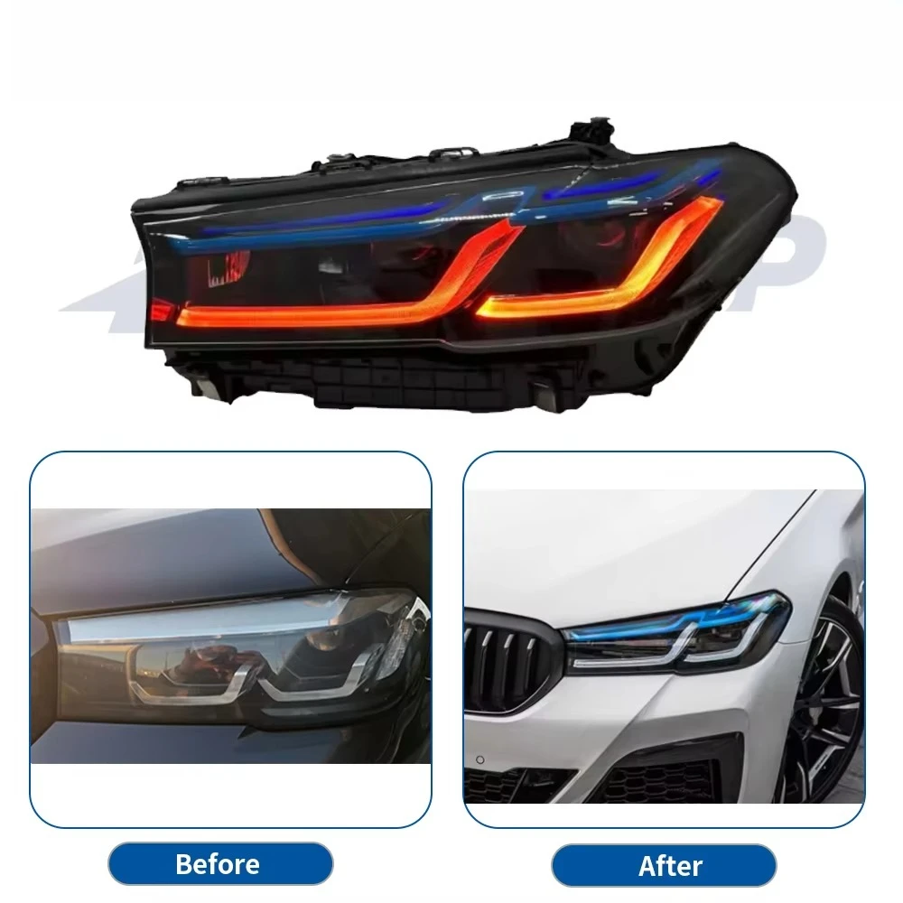 HETOP G30 Headlight 2021-2023 5 Series Triple Color US Upgrade Modified Car LED DRL Ikon Style Headlamp Plug and Play for