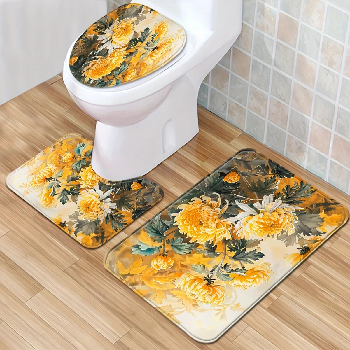 

Yellow Chrysanthemum 3pc Bath Set – Toilet Lid Cover, U Mat & Long Rug, Non-Slip Absorbent Bathroom Decor