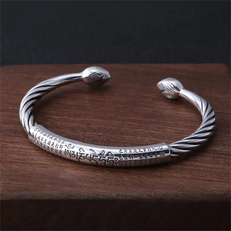 Pulsera de Cuero con Mantra de Seis Caracteres, Estilo Retro, Personalidad, Plata de Ley, para Hombre