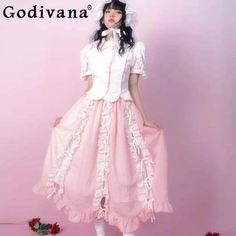 

Spring Summer Fashion Elastic High Waist A-line Skirt Sweet Girls Lace-up Bow Princess Age-reducing Versatile Lolita Skirts