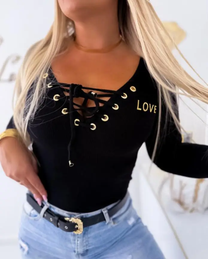 

Women's Top 2025 Latest Hot Selling Fashion Y2K Tops T-Shirt Lace-Up V-Neck Long Sleeve Ribbed Knit Shirt Casual Slim Fit Top