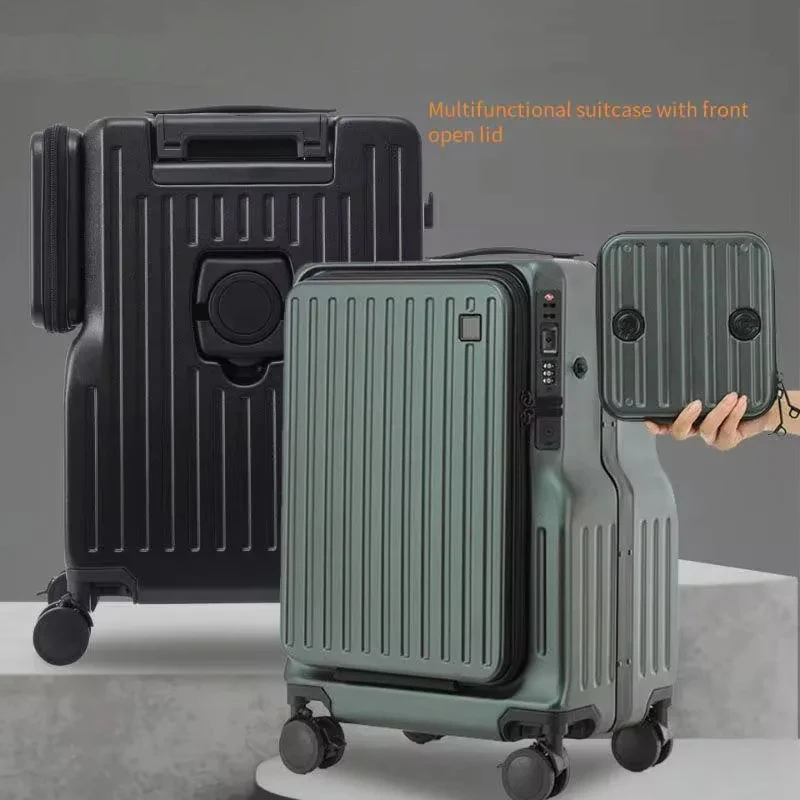 Multifunctional Carry on Suitcase Front Opening Laptop Boarding Case USB Charging Trolley Case 20 Inch ABS + PC Travel Luggage