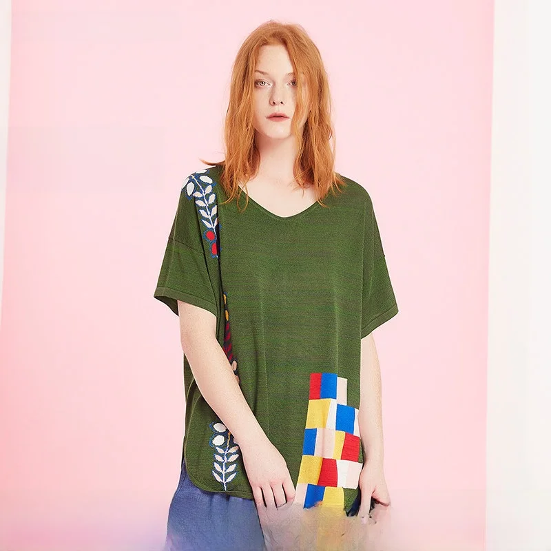 

New Summer Military een V-ne Knitted T-irt ort Retro Top Women's Faion Casual Comfortable Breathable Sve Length