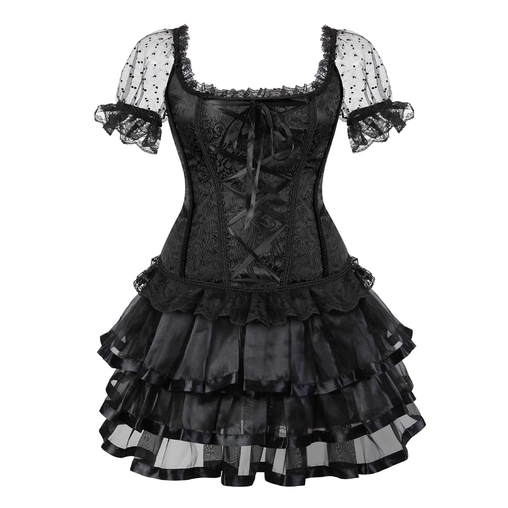 

Gothic Renaissance Lace Sleeves Floral Corset Top Overbust Sexy Burlesque Corselet Lingerie Vintage Women Bustier Skirt Tutu