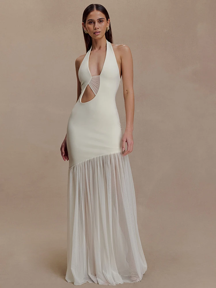 

JULISSA MO Patchwork Sexy Hollow Out Halter Women Maxi Dress Coffee Backless High Waist Dress Autumn Slim Elegant Party Clubwear