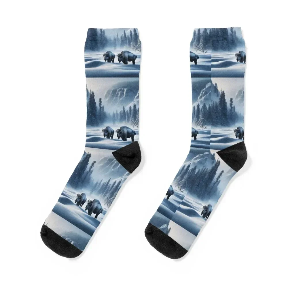 

Bison Braving the Snow in a Misty Winter Landscape Socks Climbing professional running basketball aesthetic Women's Socks Men's