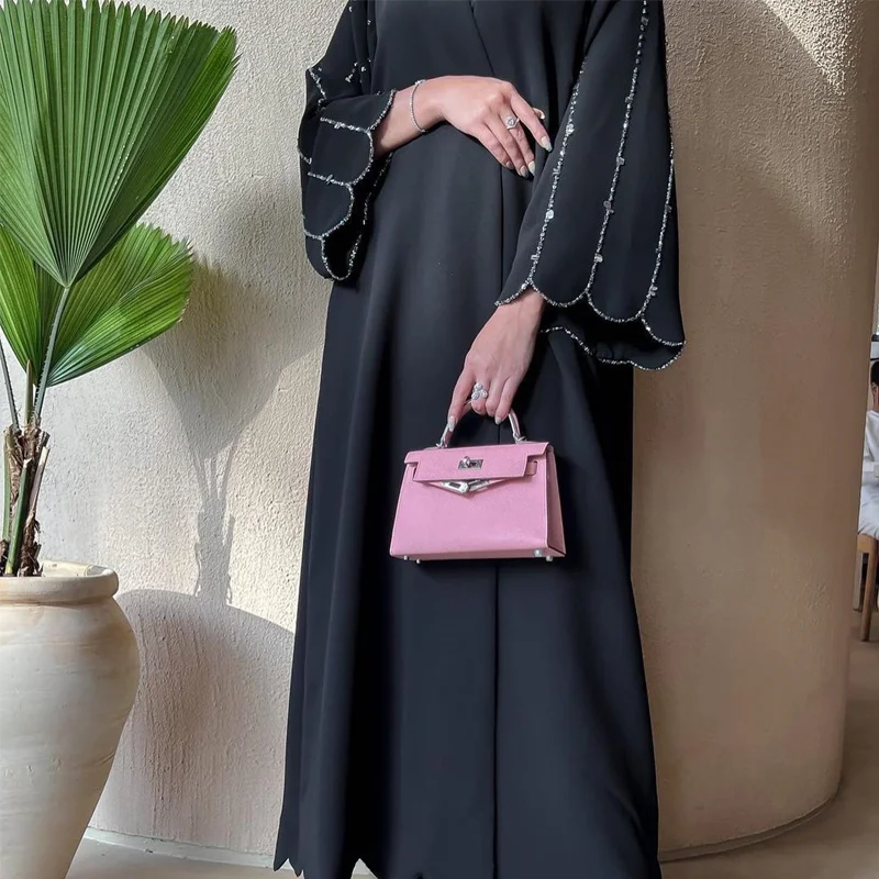 

2025 EID Abaya Wear High Quality Bead Modest Dress Black Long Satin Modest Set Open Abaya Islamic Clothing Muslim Dress