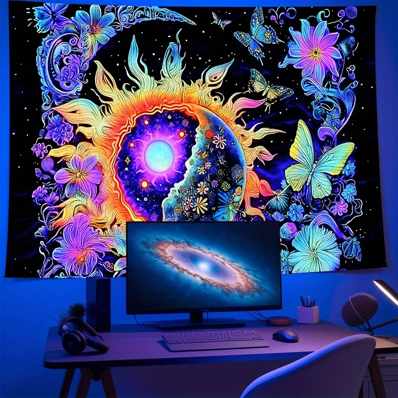 VIKAMA Sun Moon Butterfly Tapestry psychedelic Sun Moon Print Hanging Cloth Bedroom Dormitory Bedhead Retro Style