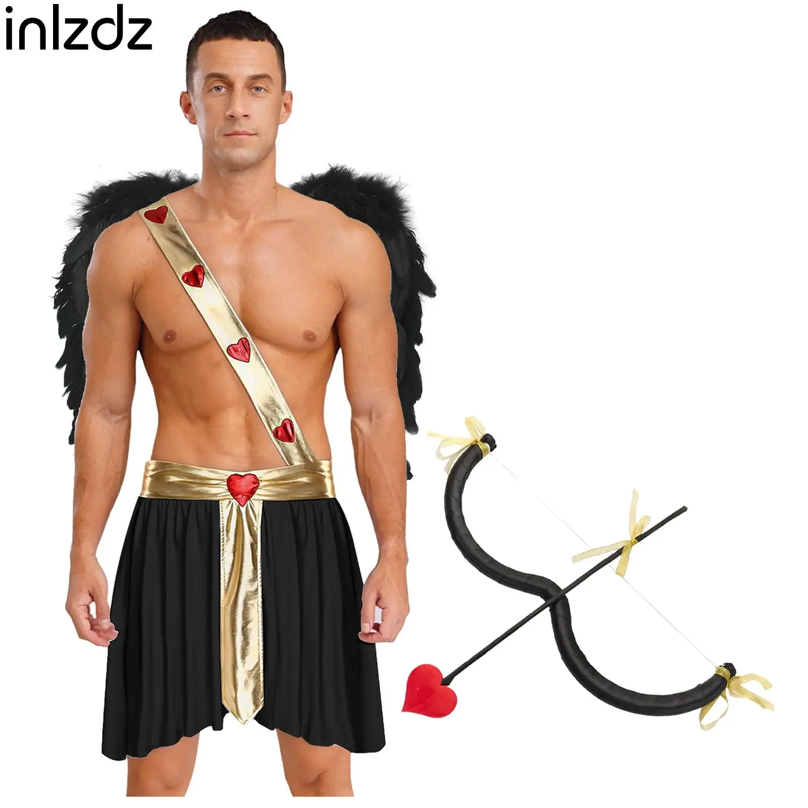 

Mens Valentine Carnival Cupid Cosplay Outfits Halloween Party Roman God of Love Dress Up Heart Pattern Skirts with Accessories