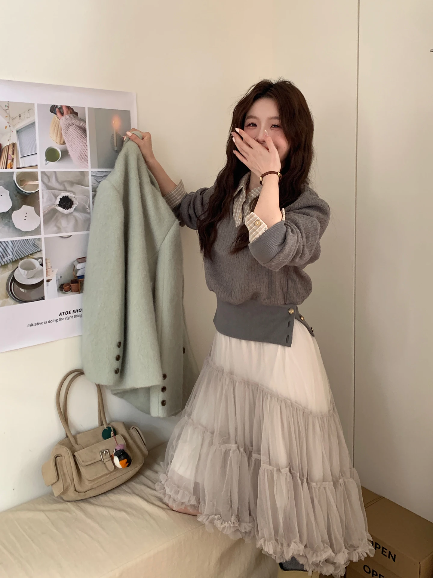 

ay Moon High Waist A-Line Skirt Textured Me Soft Folded Versatile Women's Skirt Korean Sle Ci Commute Casual Date