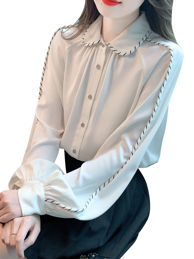 

QOERLIN Style OL Contrast Color Line Blouse Women Long Sleeve Button Up White Shirts Loose Casual Lantern Sleeve Tops 2024 New