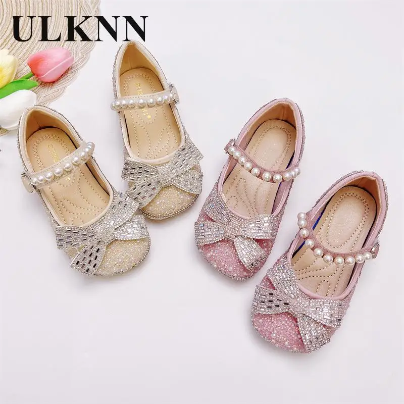 Princess girls flats shoes 2023 children new baby pink crystal shoes light beige single shoes autumn period shine for kid's