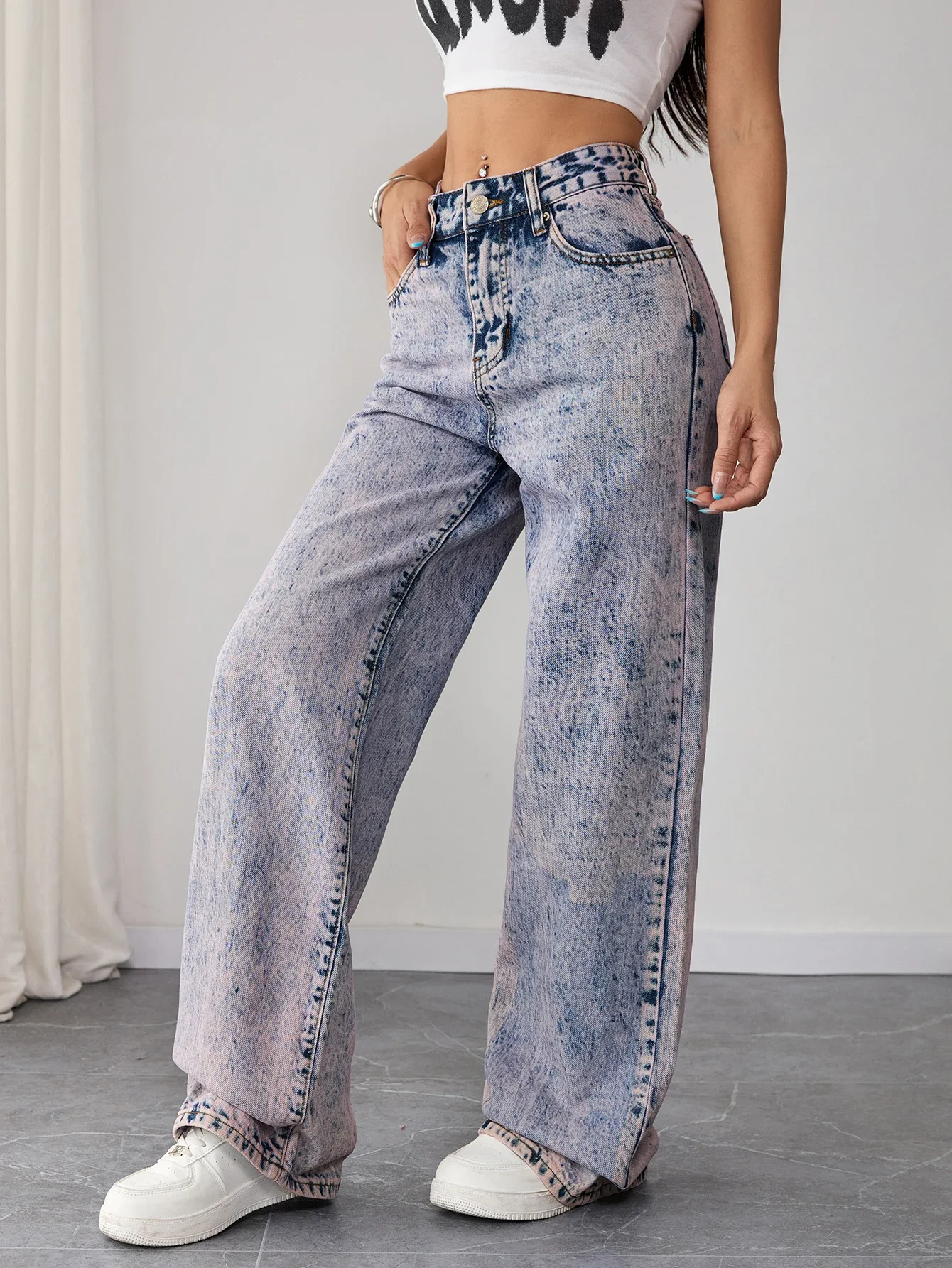 Vaqueros sueltos de calle a la moda para mujeres pequeñas, pantalones vaqueros lavados de tiro alto, ropa de pierna ancha inspirada en los años 90