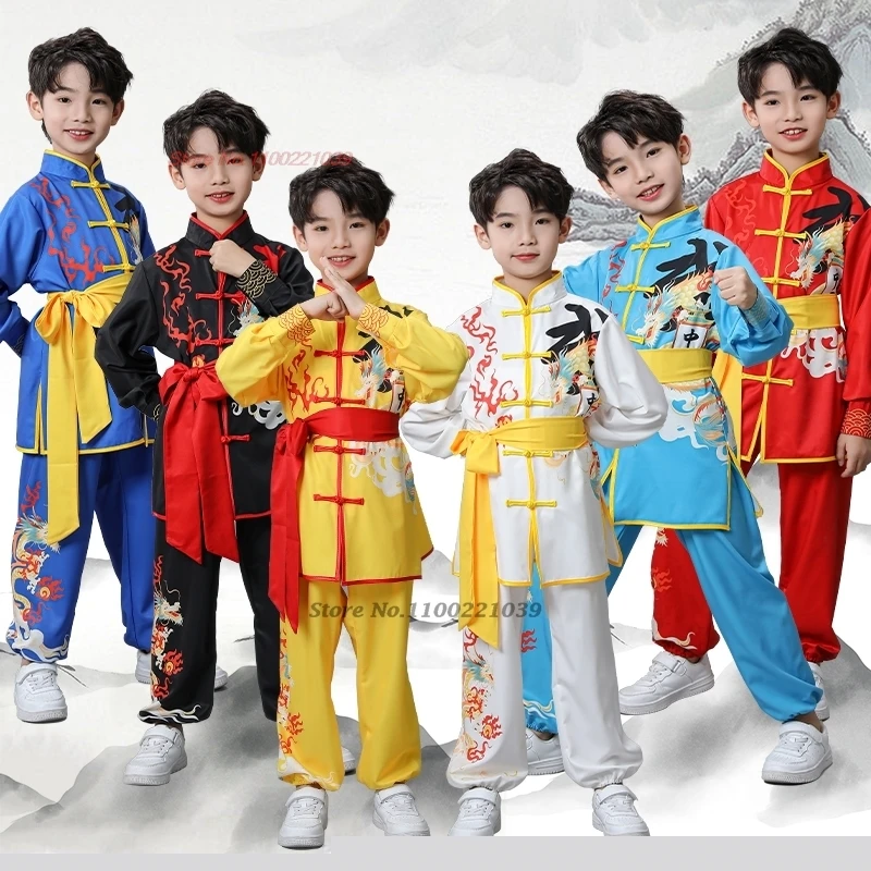 

2024 traditional chinese children kung fu costume national dragon print wushu uniform suit kung fu wing-chun training exercise