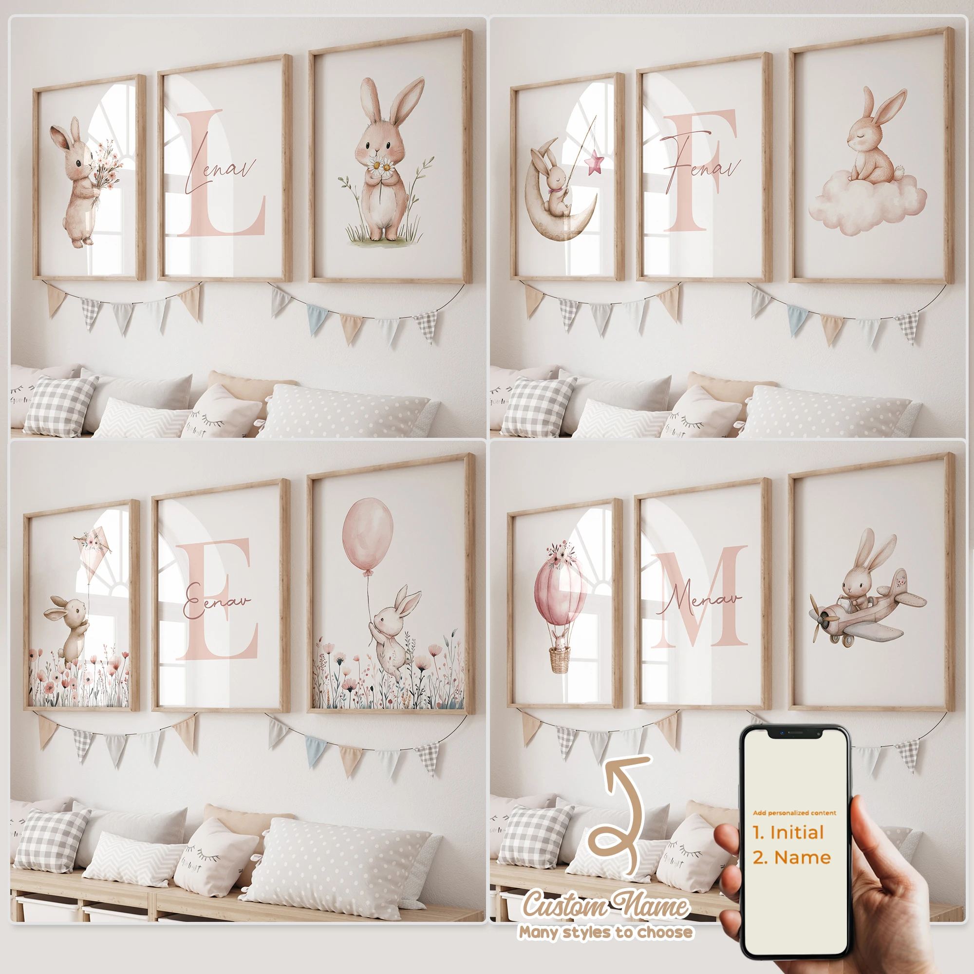 3pcs Personalized Custom Name Cartoon Pink Rabbit Wall Art Print Picture Canvas Poster Painting For Living Child Room Home Decor