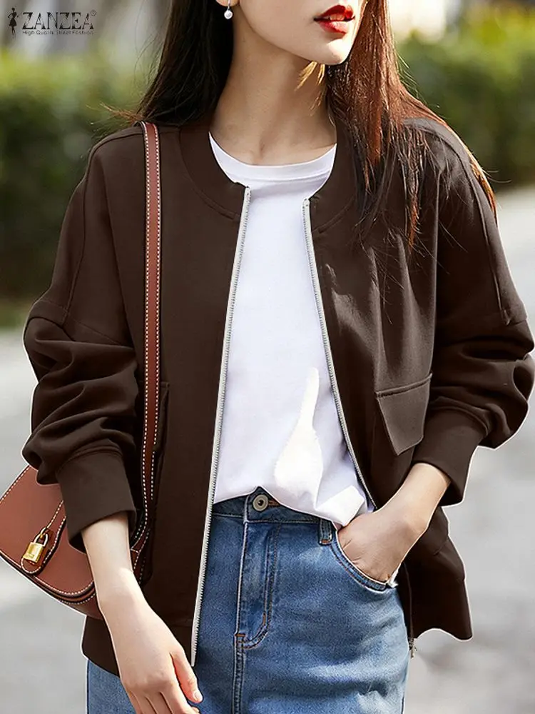 ZANZEA, chaquetas Vintage para mujer, abrigos, cárdigan de otoño, blusas de manga larga, Tops lisos con cremallera, prendas de vestir finas informales con cuello redondo para primavera 2026