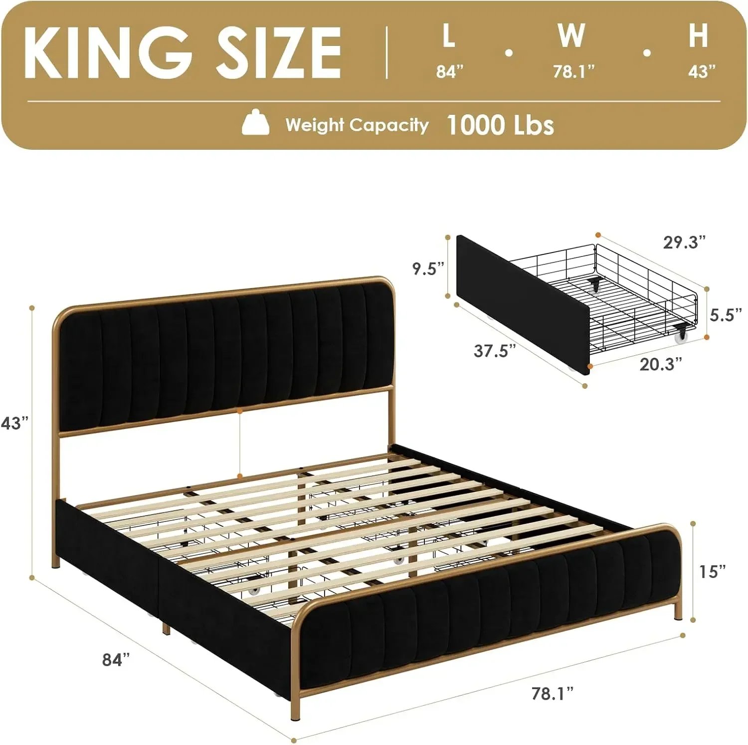 Upholstered King Size Bed Frame with 4 Storage Drawers and Headboard, Heavy Duty Metal Mattress Foundation with Wooden Slats