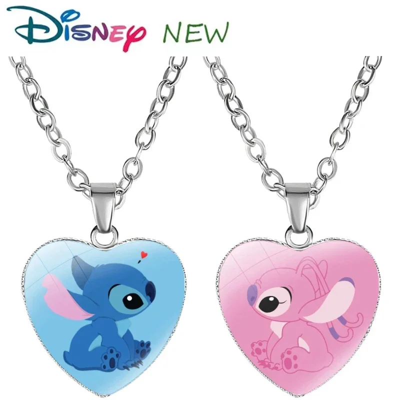 2024 New Disney Necklace Anime Lilo & Stitch Heart Necklace Photo Printed Glass Pendant for Kids Handmade Jewelry Gifts